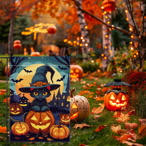 Halloween Cat Garden Flag, 12x18 Inch Double Sided Burlap, Halloween Scary Pumpkin Garden Flag, Holiday Outdoor House Decoration?Lawn Flag Yard Fl...