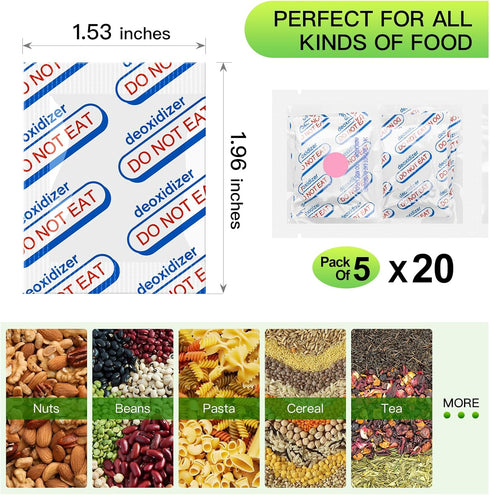 SYMYNELEC 400cc Oxygen Absorbers for Food Storage, 100 Count (20x Packs of 5), O2 Absorber for Long Term Food Storage & Survival Vacuum Mylar Bags...