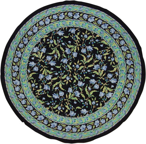 India Arts French Floral Round Cotton Tablecloth 70" Blue on Black...