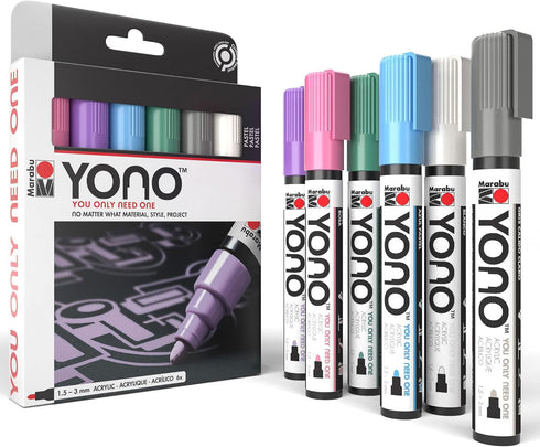 Marabu YONO Pastel Paint Markers - 6 Acrylic Paint Markers for Metal, Stone, Wood, Canvas, Glass, Ceramic, Plastic, Leather - Paint Pens for Rocks...