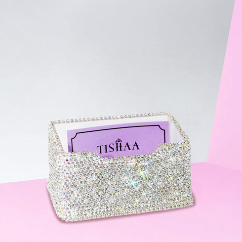 TISHAA Business Card Holder Stand - Bling Name Cards Office Desk Desktop Table Top Organizer Luxury Display Pocket Case Accessories White Crystal ...
