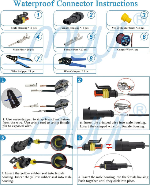 MUYI 10 Kit 2 Pin Way Waterproof Electrical Connector 1.5mm Series Terminals Water Resistend...