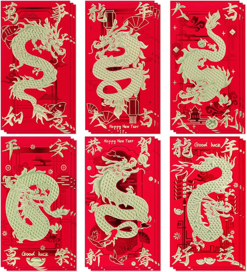 Red Envelopes Chinese New Year Dragon 2024, Lunar New Year of the Dragon Envelope Large Interoffice Envelopes Red Packet Hong Bao with 6 Different...