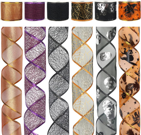 MEEDEE Halloween Ribbon - 6 Rolls, 36 Yards, Wired, Purple, Orange, Black, Skull Pattern...