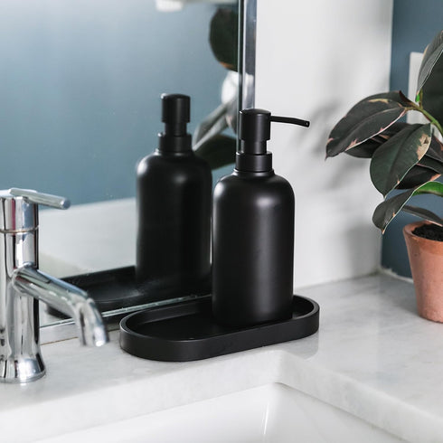 Matte Black Round Soap Dispenser Tray, 8” Soap and Lotion Bottle Tray Organizer Plate for Bathrooms, Kitchens, Countertops - Holds 2 Soap Dispense...