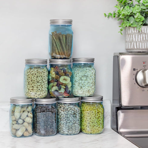 Cornucopia Brands 16oz PLASTIC Mason Jars (8-Pack, Blue w/Silver Metal Lids); PET BPA-Free Mason Jars w/One Piece Lids, 2-Cup/Pint Capacity...