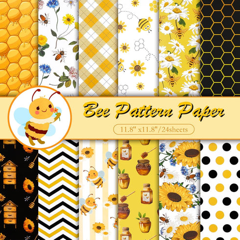 Konsait 24 Sheets Bee Scrapbook Paper 12x12 Yellow Pattern Paper Double Sided Scrapbook Paper Craft Paper for DIY Bee Tissue Paper Bee Birthday Pa...