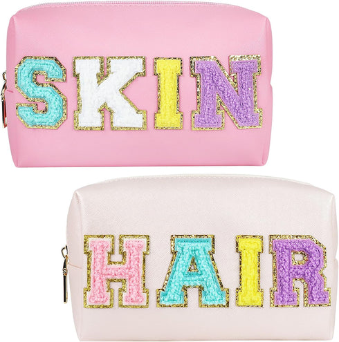 Letter Patch Makeup Bag, 2pcs Faux Leather Preppy Cosmetic Pouches Hair Skin Travel Bags with Chenille Letter for Girls (Pink, Cream)...
