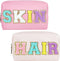 Letter Patch Makeup Bag, 2pcs Faux Leather Preppy Cosmetic Pouches Hair Skin Travel Bags with Chenille Letter for Girls (Pink, Cream)...