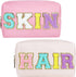 Letter Patch Makeup Bag, 2pcs Faux Leather Preppy Cosmetic Pouches Hair Skin Travel Bags with Chenille Letter for Girls (Pink, Cream)...