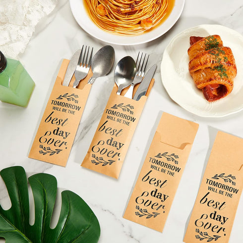 Gueevin 100 Pcs Tomorrow Will Be The Best Day Ever Wedding Paper Silverware Bags Utensil Holder Rustic Cutlery Pouch Bag for Wedding Rehearsal Din...