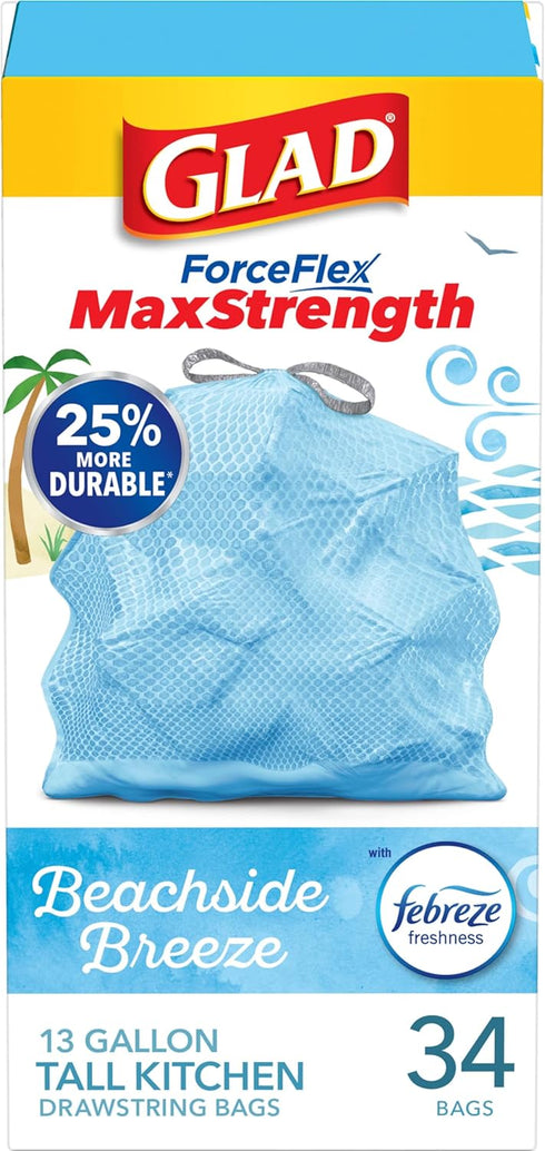 Glad Trash Bags, ForceFlexPlus Tall Kitchen Drawstring Garbage Bags, 13 Gallon, Febreze Beachside Breeze, 34 Ct...