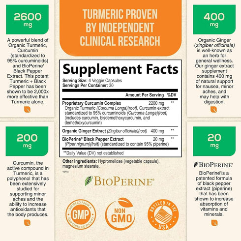 Turmeric Curcumin with BioPerine & Ginger 95% Curcuminoids 2600mg - Natural Joint & Heart Support, Black Pepper for Max Absorption - Health Nutrit...