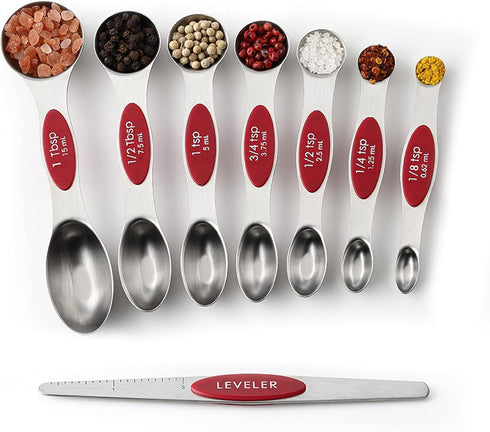 Spring Chef Red Stainless Steel Magnetic Measuring Spoons Set of 8 with Leveler, Dual Sided Nesting Teaspoon & Tablespoon Measuring Spoons, Kitche...