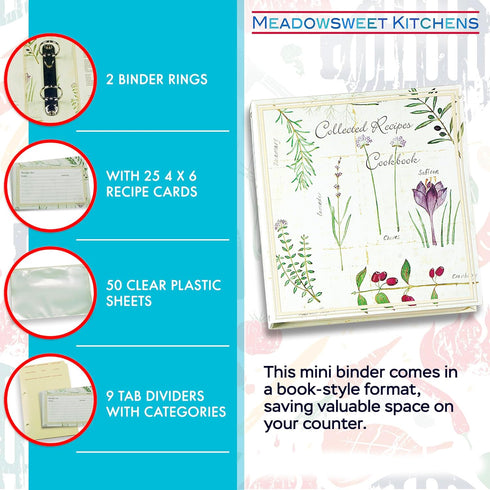 Meadowsweet Kitchens Recipe Card Holder Cookbook Mini 2 Ring Binder Organizer - Recipe Binder Cook Book w/ 25 4 x 6 Cards, 50 Clear Card Sleeves, ...