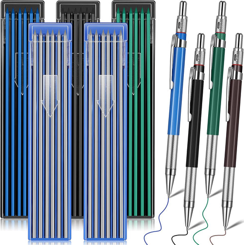4 Pieces Welder Pencil with 60 Pieces Round Refills Mechanical Pencil Metal Marker Pen for Construction Workers, Metal Work, Welders, Plumbers, Fr...