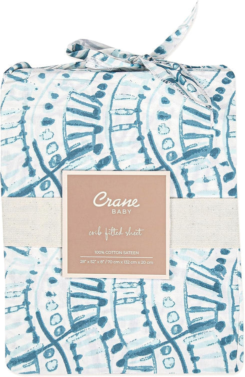 Crane Baby Soft Cotton Crib Mattress Sheet, Fitted Sheet for Cribs and Toddler Beds, Indigo Blue, 28”w x 52”h x 9”d...