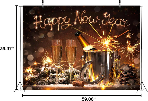 BELECO 5x3ft Fabric Happy New Year Backdrop 2025 New Years Eve Backdrops New Year Party Decorations Banner Lucky Horseshoe Champagne Fireworks Bok...