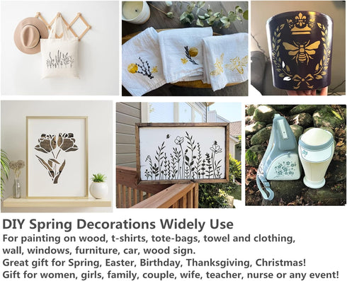 Wild Flower Stencils 4pcs, Self Adhesive Silk Screen Stencils Rose Flower Animal Plant Spring DIY Stencils for Painting on Wood, T-shirt, Chalkboa...