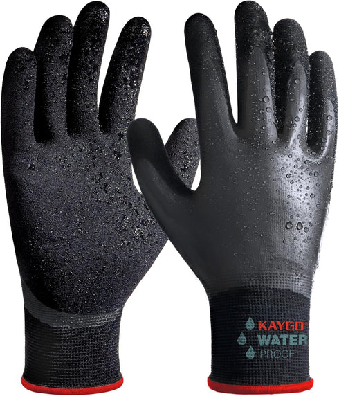 KAYGO Waterproof Work Gloves for Men and Women, Rubber Coated Non-slip Working Gloves for Garden, Outdoor Construction,KG150,Black,S...