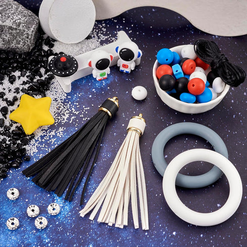 Magibeads 47Pcs Astronauts Airship Star Silicone Focal Beads 15mm Round Beads Big Silicone Rings Crystal Rhinestone Spacers Tassel Pendants Crafts...