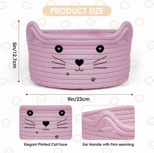 2 PCS Small Woven Basket Cat Ear Basket, Animal Cotton Rope Storage Basket with Cat Ears, Round Decorative Storage Baskets Cute Cotton Rope Cat Ba...