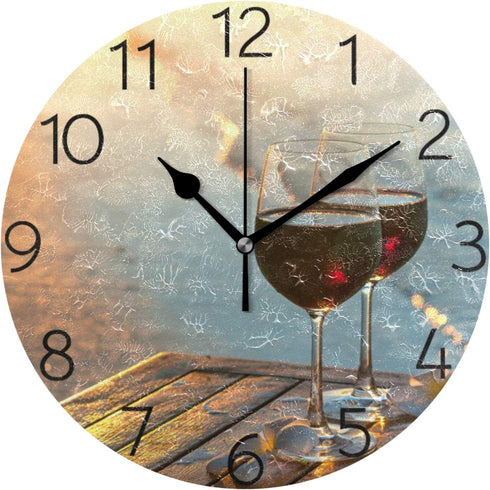 MOYYO Romantic Red Wine at Beach Sunset Wall Clock 9.8 Inch Silent Round Wall Clock Battery Operated Non Ticking Creative Decorative Clock for Kid...