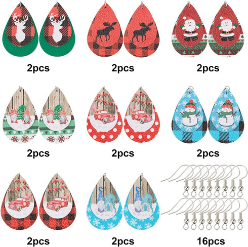 SUNNYCLUE 1 Box DIY 8 Pairs Christmas Faux Leather Earrings 2 Layered Xmas Leather Pendants Faux Leather Teardrop Long Dangle Earrings & Earring H...