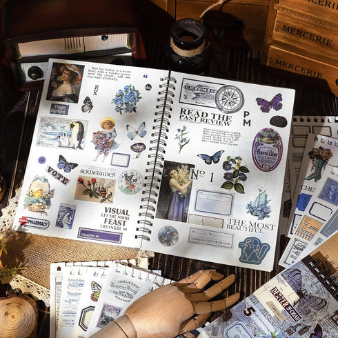RISYPISY 473PCS Vintage Washi Sticker Book for Scrapbookling - 50 Sheets Blue Pre-cut Journaling Stickers, Ephemera for Junk Journal Supplies DIY ...