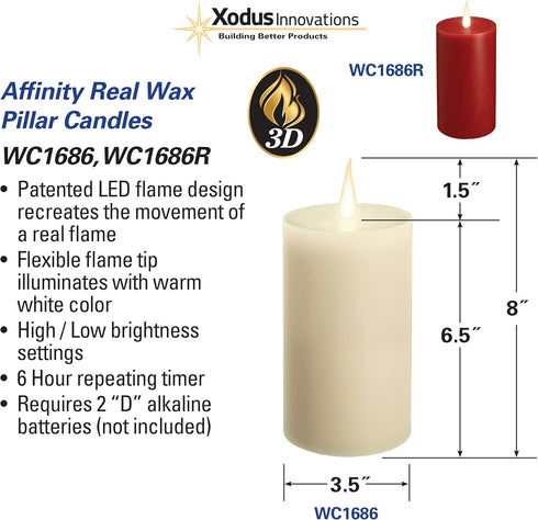 WC1686R 6 inch Flameless Battery Operated LED Wax Pillar Candle with Automatic Timer and Warm White 3D Flickering Flame, Red...