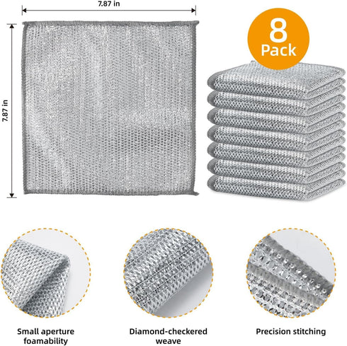 Multipurpose Magnifying Microfiber Wire Miracle Cleaning Cloths, Dishwashing Rags for Wet and Dry for Dishes (7.8" L x 7.8" W) Silver (10 pcs)...