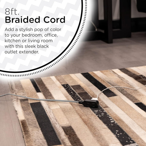 Cordinate Designer 3-Outlet Extension Cord, 2 Prong Power Strip, Extra Long 8 Ft Cable with Flat Plug, Braided Chevron Fabric Cord, Slide-to-Lock ...