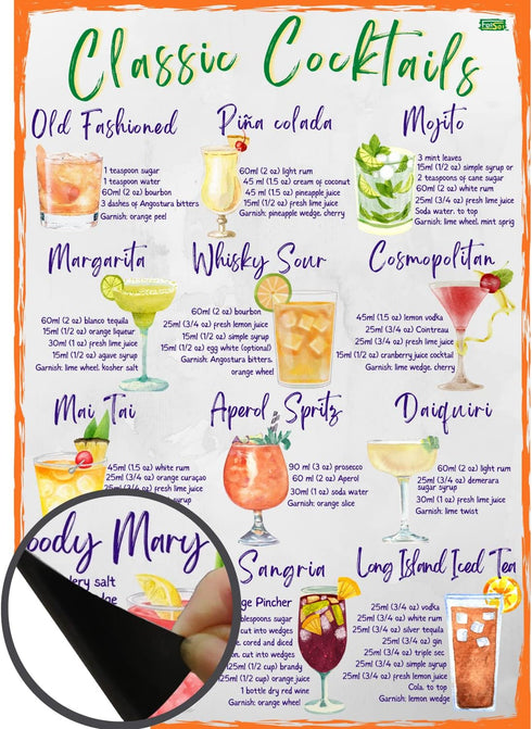 Classic Cocktails Recipes Magnetic Chart A4 Format - Kitchen Pub Wall and Fridge Decor Stylish Colourful Informative Magnet Milliliters and Ounces...