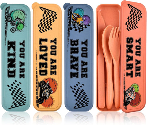 4 Sets Reusable Utensils Set with Case, Plastic Camping Utensil Set Knife Forks and Spoon for Lunch Box Kit, Cool Dirt Bike Pattern Travel Cutlery...