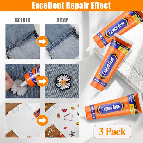 3Pcs Fabric Glue Permanent, 60 ML Washable Clear Clothing Glue, Super Fabric Glue for Rhinestones, Patches, Clothes, Denim, Leather, Polyester, Fa...