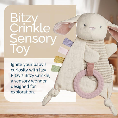Itzy Ritzy - Bitzy Crinkle Sensory Toy Bunny with Crinkle Sound for Babies & Toddlers - Features Soft Braided Teething Ring & Textured Ribbons, De...