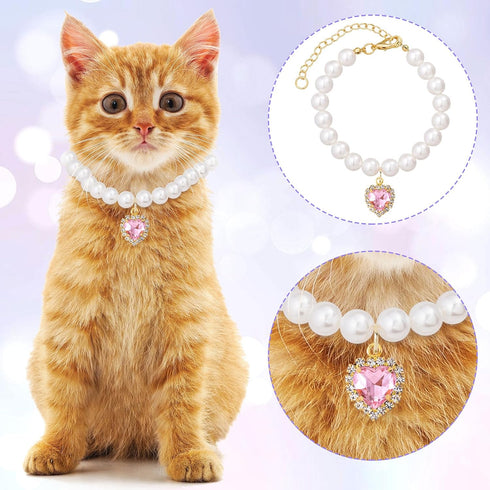 Cat Dog Pearl Necklace Collar 2pcs, Small Cat Collar Pear Dog Necklaces Cute Fancy Jewelry Accessories with Heart Shape Rhinestone White Pink Wedd...