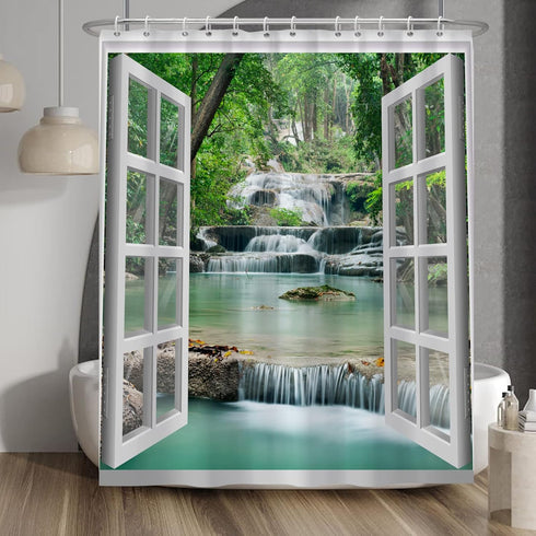 Baocicco Nature Landscape Shower Curtain Summer Forest River Jungle Waterfall Lake Window Scenery Shower Curtains Decorative for Bathroom Waterpro...