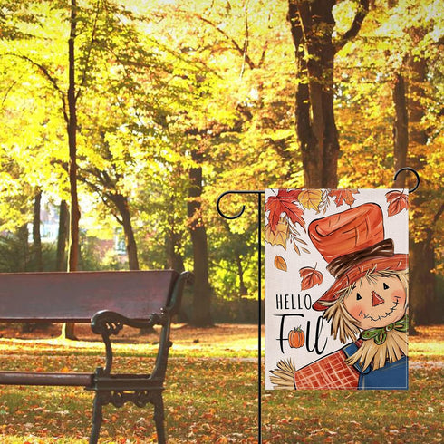 Hello Fall Scarecrow Small Decorative Garden Flag, Autumn Maple Leaves Rustic Yard Lawn Outside Decor, Thanksgiving Seasonal Farmhouse Country Out...
