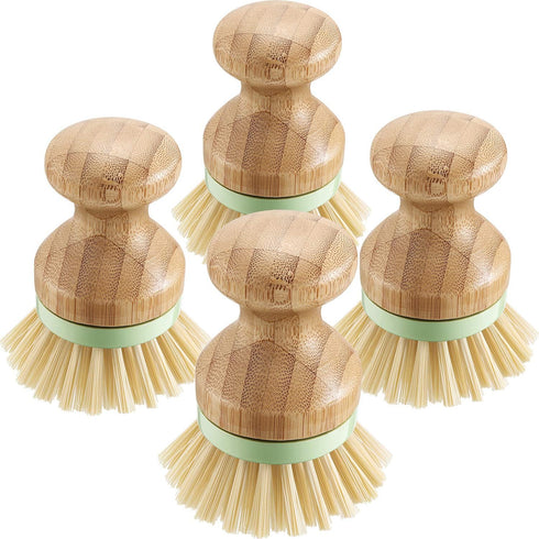 4 Pieces Bamboo Dish Scrub Brush with Holders Wooden Bamboo Round Scrubbers Stiff Bristles Pot Brushes for Wash Dishes, Pots, Pans, Kitchen Iron P...