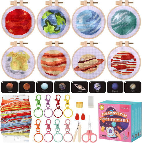 XEmbro 8 PCS Cross Stitch Kits for Beginners, Solar System Kids Embroidery Kit, Stamped Cross Stitch Craft Supplies for Boys and Girls, Planet Pat...