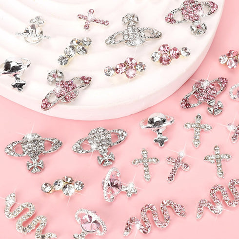 30 Pcs Nail Charms Pink Y2k Chrome Nail Art Rhinestone Charms 3D Cross Snake Saturn Shape with Rhinestones Planet Nail Gems Shiny Jewelry Nail Dec...
