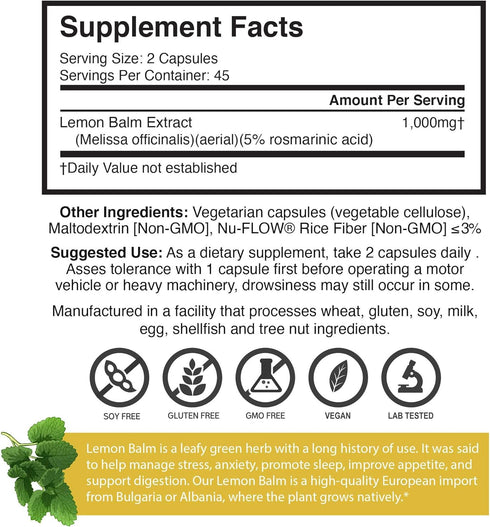 Brain Forza Lemon Balm R5 Extract Capsules - Standardized Extract 5% Rosmarinic Acid, 90 Capsules...