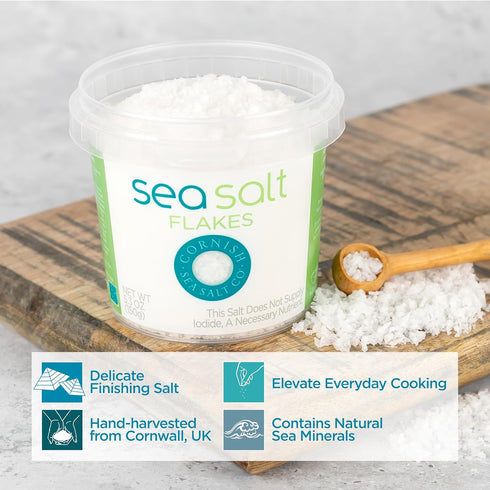 Cornish Sea Salt Flakes | Flaky Finishing Sea Salt for Cooking & Baking | Hand-Harvested in Cornwall, England | 5.3 oz Resealable Tub (Pack of 1)...