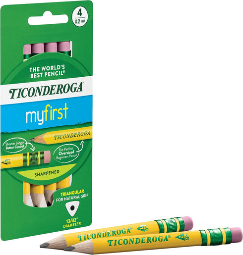 Ticonderoga My First Short Triangular Wood-Cased Pencils, 2 HB Soft, With Erasers, Yellow, 4 Count...