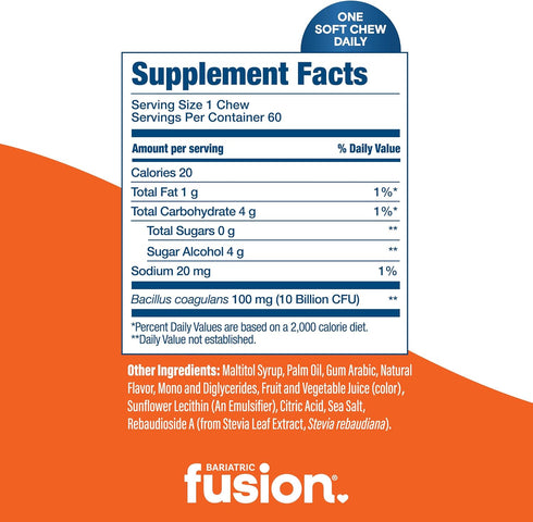 Bariatric Fusion Bariatric Probiotic Soft Chews | Orange Tropical Flavor Chewy Bariatric Vitamin | Bacillus Coagulans 10 Billion CFU Chewable Prob...