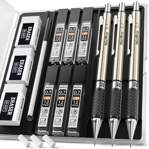 Nicpro 0.7 mm Art Mechanical Pencil Set in Storage Case, 3 PCS Metal Drafting Pencil Lead Pencil with 6 Tube HB Lead Refills, 3 Erasers, 9 PCS Era...