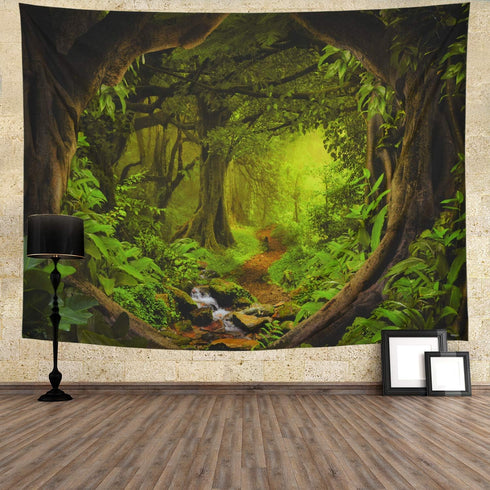 Tushelia Forest Tapestry Psychedelic Tree Cave Tapestries Fantasy Nature Landscape Backdrop Tapestries Stream Through Rainforest Jungle Tapestry W...