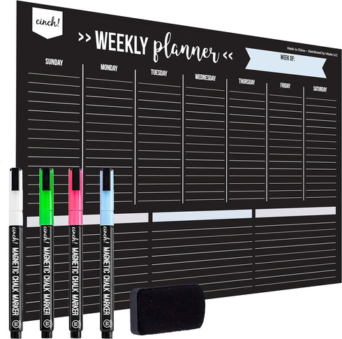 Cinch Magnetic Dry Erase Weekly Calendar Blackboard for Fridge 17"x12" - 4 Fine Tip Markers & Large Eraser w/Magnetic Weekly Planner for Fridge - ...
