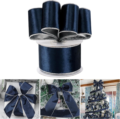 AIMUDI Navy Christmas Velvet Ribbon Wired 2.5 Inch Navy Blue Wired Ribbon for Wreaths Blue and Silver Ribbon for Christmas Tree, Gift Wrapping, Ga...